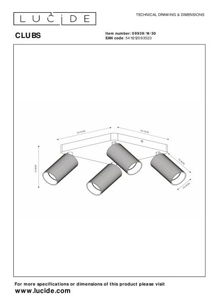 Lucide CLUBS - Plafondspot - 4xGU10 - Zwart - technisch